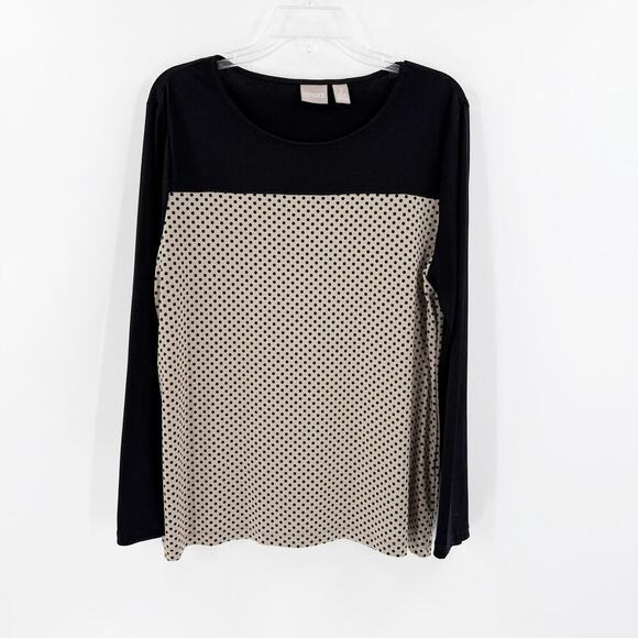 Chico's Black Tan Polka Dot Scoop Neck Pullover Long Sleeve Casual Top Large - Picture 1 of 9